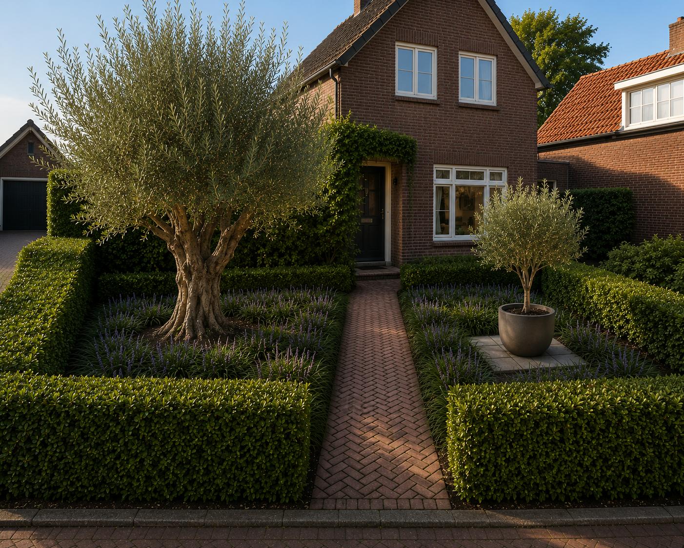 Klassieke voortuin met olijfboom, lavendel en strak gesnoeide buxushagen aangelegd door Sterk in Groen Exclusief